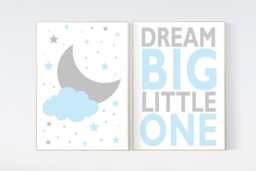 Blue Nursery Decor Moon, Stars, Clouds Art Print Set - thumbnail 1