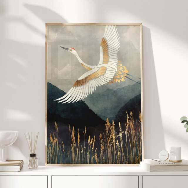 Crane Wall Art, Japanese Poster, Japandi, Print, Teal Art - image 1