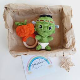 Halloween Baby Gift Box, Crochet Frankenstein, Pumpkin Rattle - thumbnail 2