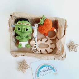 Halloween Baby Gift Box, Crochet Frankenstein, Pumpkin Rattle