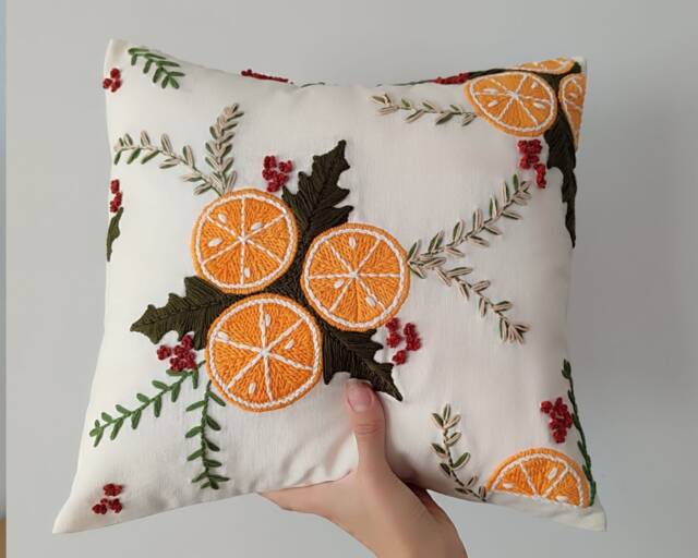 Handmade Oranges Punch Needle Pillow Cover Embroidered Linen Cushion - Tax, Duty Paid/Ddp Usa - image 1