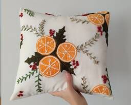 Handmade Oranges Punch Needle Pillow Cover Embroidered Linen Cushion - Tax, Duty Paid/Ddp Usa - thumbnail 1