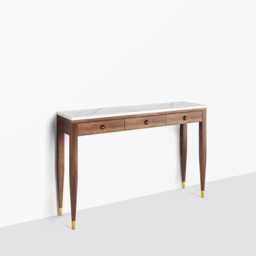 Mid Century Modern Walnut Console Table With Marble Top, Brass Details - thumbnail 2