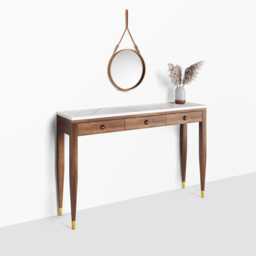 Mid Century Modern Walnut Console Table With Marble Top, Brass Details