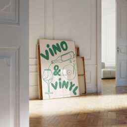 Vino & Vinyl - Kitchen Poster Wall Art Cafe Gift Decor Chic Restaurant Wine Music A0 A1 A2 A3 A4 A5 Wood Framed Unframed - thumbnail 1