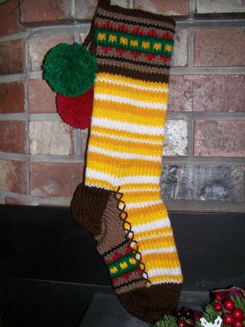 Hand Knit Christmas Stocking Gold White Stripes Block Border Detail By Santa's Works - image 1