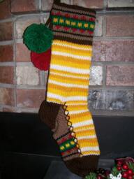 Hand Knit Christmas Stocking Gold White Stripes Block Border Detail By Santa's Works