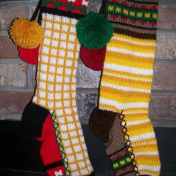 Hand Knit Christmas Stocking Gold White Stripes Block Border Detail By Santa's Works - thumbnail 2