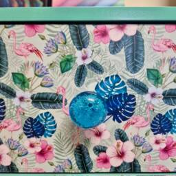 Mint & Blue Flamingo Square Bedside Table, Two Drawers, Ideal Nightstand. Flamingo Tropical Leaf Design Pink With Gold. Customisable - thumbnail 4