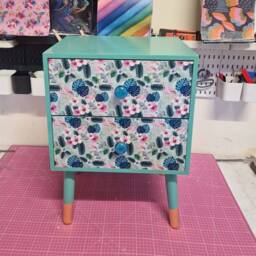 Mint & Blue Flamingo Square Bedside Table, Two Drawers, Ideal Nightstand. Flamingo Tropical Leaf Design Pink With Gold. Customisable - thumbnail 1