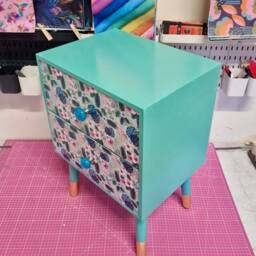 Mint & Blue Flamingo Square Bedside Table, Two Drawers, Ideal Nightstand. Flamingo Tropical Leaf Design Pink With Gold. Customisable - thumbnail 2