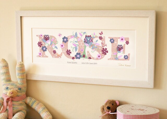 Owl Name Illustration Print Childrens Kids New Baby Shower Illustrated Picture Personalised Wall Art Frame Nursery Decor Christening Gift - image 1