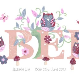 Owl Name Illustration Print Childrens Kids New Baby Shower Illustrated Picture Personalised Wall Art Frame Nursery Decor Christening Gift - thumbnail 2