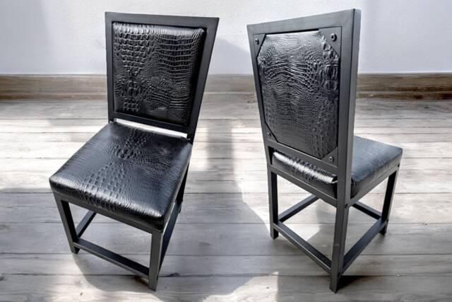 Crocodile Black Or Tan Genuine Leather Dining Chair Embossed Crocodile Look Pattern - Cowhide Leather Upholstery + Black Steel Frames - Fpdc - image 1