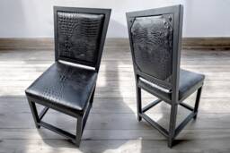 Crocodile Black Or Tan Genuine Leather Dining Chair Embossed Crocodile Look Pattern - Cowhide Leather Upholstery + Black Steel Frames - Fpdc