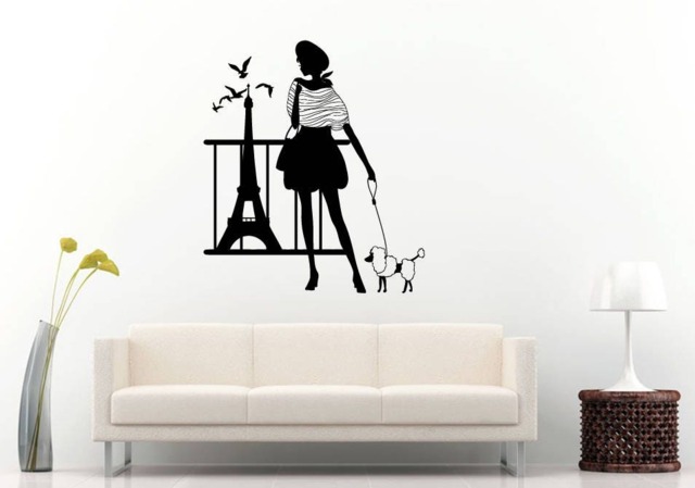 Paris France Eiffel Tower Fashion Girl Poodle Dog Love Woman Wall Sticker Decal Vinyl Mural Decor Art L2240 - image 1