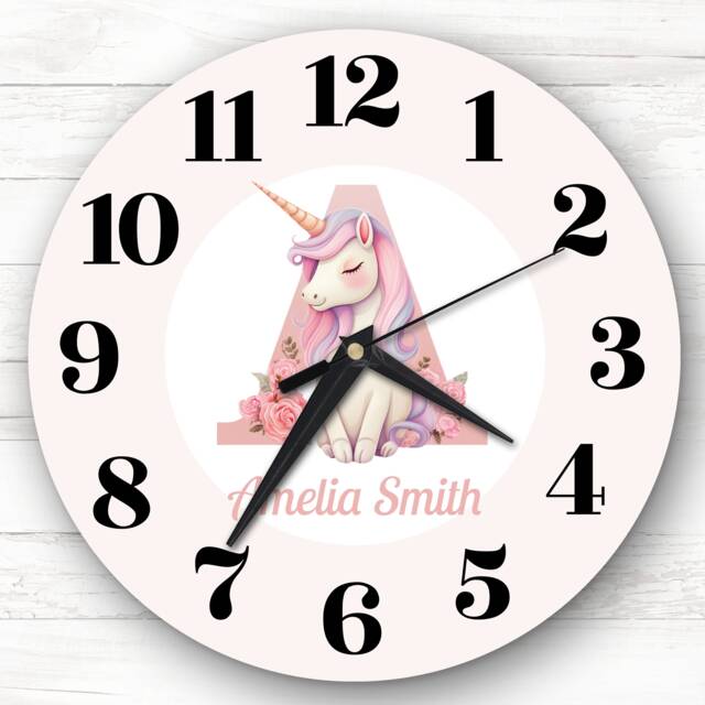 Pink Unicorn Alphabet Letter A Girls Room Custom Gift Personalised Clock - image 1