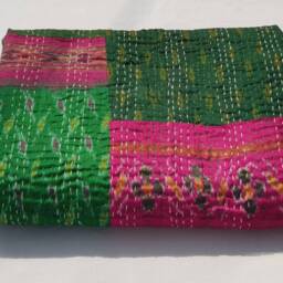 New Patola Printed Patchwork Pattern Twin Size Kantha Quilt 90x60 Throw New Silk Saaris Blanket - thumbnail 2