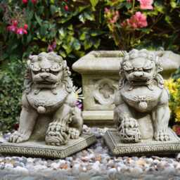 Pair Of Foo Dog Stone Statues - Oriental Dragon Animal Buddha Garden Ornament - thumbnail 1