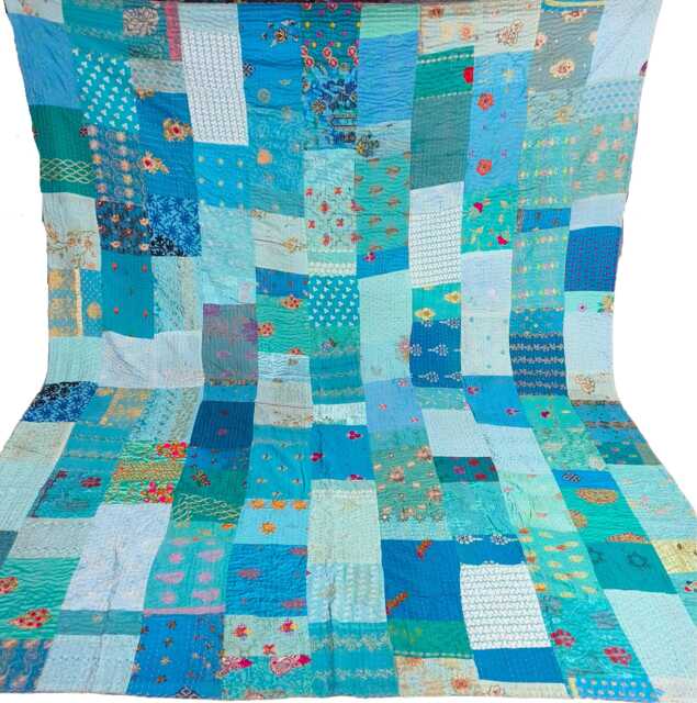 Handmade Turquoise Kantha Quilt Vintage Khambadia Patchwork Bedspread - image 1