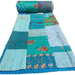 Handmade Turquoise Kantha Quilt Vintage Khambadia Patchwork Bedspread - thumbnail 3