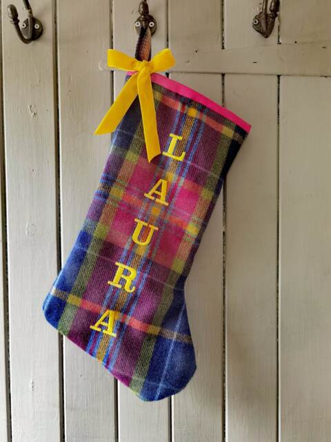 Personalized Tartan Wool Christmas Stocking, Velvet Bow, Embroidered Name - image 1