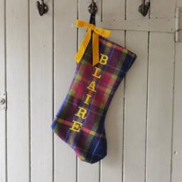 Personalized Tartan Wool Christmas Stocking, Velvet Bow, Embroidered Name - thumbnail 2