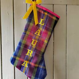 Personalised Tartan Wool Christmas Stocking, Custom Embroidered Name, Luxury Holiday Mantle Decor - thumbnail 2