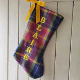 Personalized Tartan Wool Christmas Stocking, Velvet Bow, Embroidered Name - thumbnail 3