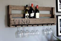 Wooden Wine Rack For The Wall - With Glass Holder Vino Logo Brown Ready Assembled Bottles & Glasses