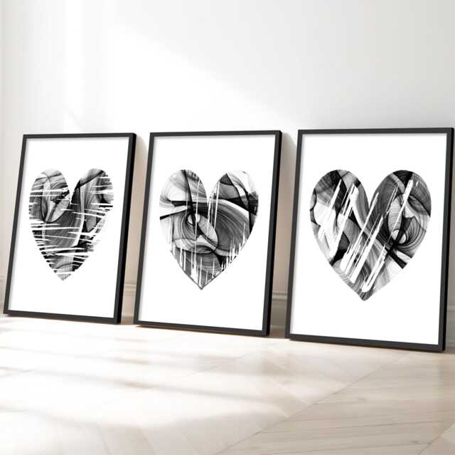 Black & White Hearts Wall Art Prints Set Of 3, Modern Bedroom Decor - image 1