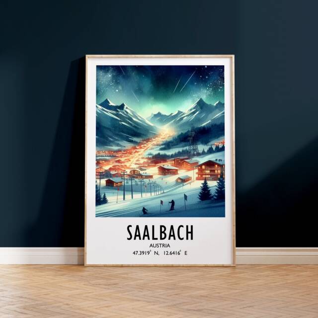 Saalbach Ski Poster Print - Watercolour Alpine Art - Travel Wall Artwork Skiing Gifts Austria Alps Decor Resort Snowboarding Gift - image 1