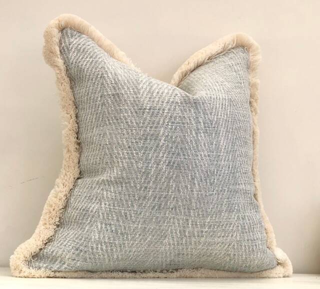 Sea Glass Blue Herringbone Cushion Cover - Luxury Pillows With Fringe Trim High Quality Warwick Fabric Neutral, Costal Home Decor - image 1