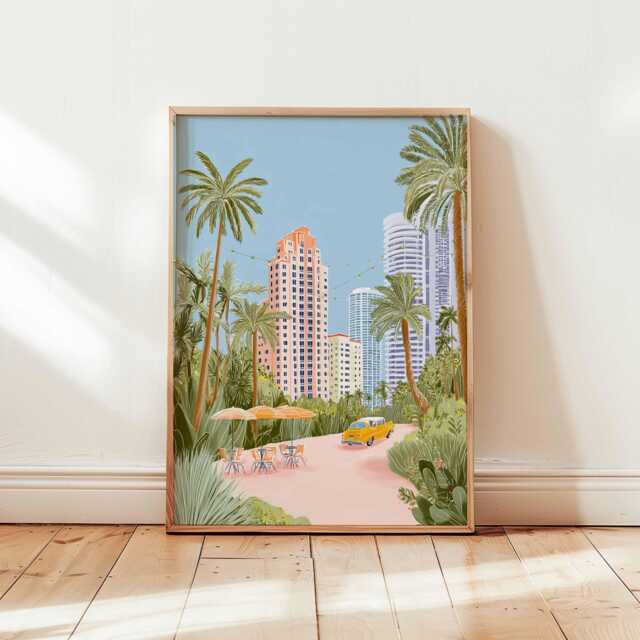 Miami Poster, Florida Beach Wall Art, South Travel Print, Modern Skyline Posters, Coastal City Decor - image 1