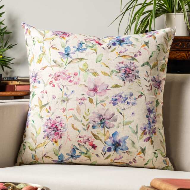 Watercolour Blossom Linen Blend Extra-Large Cushion. Pink, Purple & Green Botanical Floral Design On A Natural Fabric. 23X23 - image 1