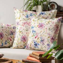Watercolour Blossom Linen Blend Extra-Large Cushion. Pink, Purple & Green Botanical Floral Design On A Natural Fabric. 23X23 - thumbnail 3