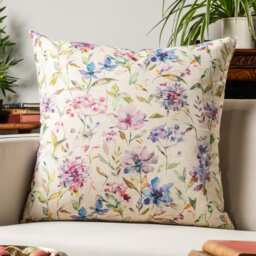 Watercolour Blossom Linen Blend Extra-Large Cushion. Pink, Purple & Green Botanical Floral Design On A Natural Fabric. 23X23