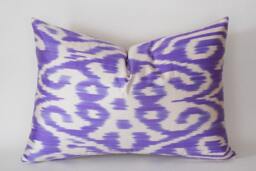 Violet White Silk Ikat Pillow Cover Handmade Uzbek Cushion