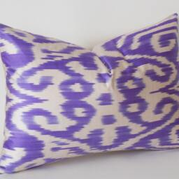 Violet White Silk Ikat Pillow Cover Handmade Uzbek Cushion - thumbnail 2