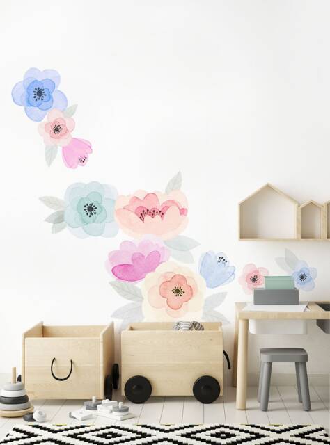 Watercolor Flower Wall Stickers Pastel Blooms, Kids Room Decor - image 1