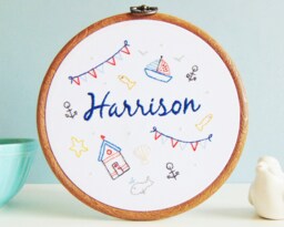 Nautical Nursery Wall Art, Personalised Gift, Decor, Seaside Gifts, New Baby Embroidery Hoop Art - thumbnail 1
