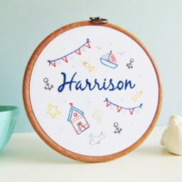Nautical Nursery Wall Art, Personalised Gift, Decor, Seaside Gifts, New Baby Embroidery Hoop Art - thumbnail 2