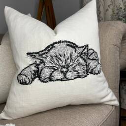 "Sweet Dreams Kitten Embroidered Cushion Cover - Farmhouse Decor For Bed, Sofa, Chair 18""x18" - thumbnail 2