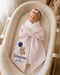 Custom Teddy Bear Embroidered Newborn Bow Sash, Baby Monogram Cute Swaddle, Sash For Picture, Shower Gift