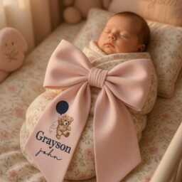 Custom Teddy Bear Embroidered Newborn Bow Sash, Baby Monogram Cute Swaddle, Sash For Picture, Shower Gift - thumbnail 3