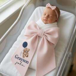 Custom Teddy Bear Embroidered Newborn Bow Sash, Baby Monogram Cute Swaddle, Sash For Picture, Shower Gift - thumbnail 2