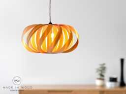 Pendant Light Wood Lamp With Ash Veneer Twisted Ceiling Light, Lampshade, Natural & Unique - thumbnail 1