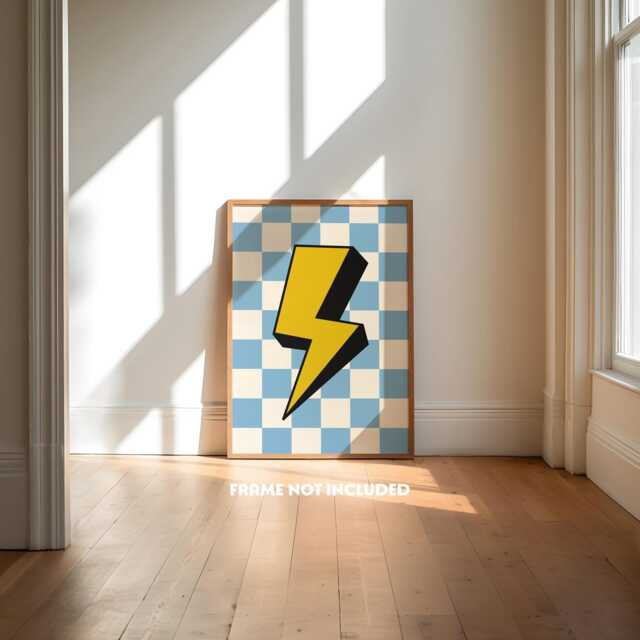 Retro Style Print, Boys Bedroom Prints, Lightening Bolt, Colourful Kids Decor, Cool Teen Checkerboard - image 1