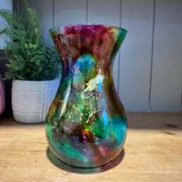 Hand Decorated Rainbow Multicolour & Gold 18cm Glass Vase Ready To Dispatch