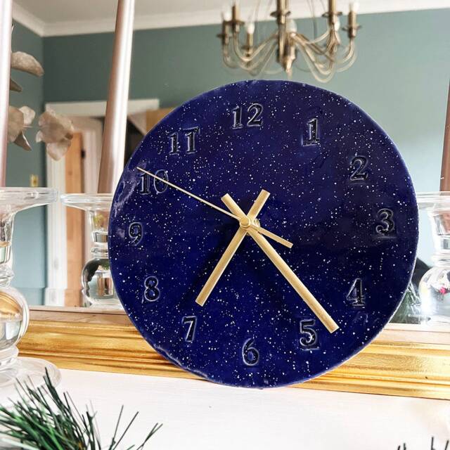 Dark Blue Wall Clock, Kitchen Accessories, Handmade Hand Painted Ceramic Housewarming Gift - image 1